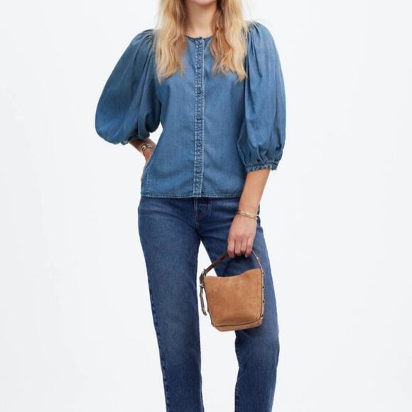 Madewell Tops - Madewell Denim Jean Puff Sleeve Button Up Top Lightweight Western Small 4